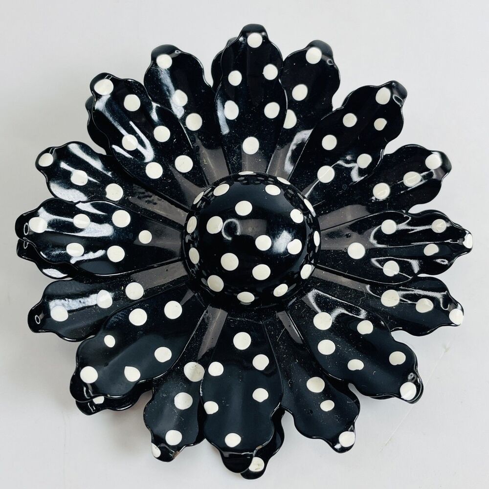 Vintage Black & White Polka Dot Flower Brooch Pin Enamel Metal Mid-Century Style